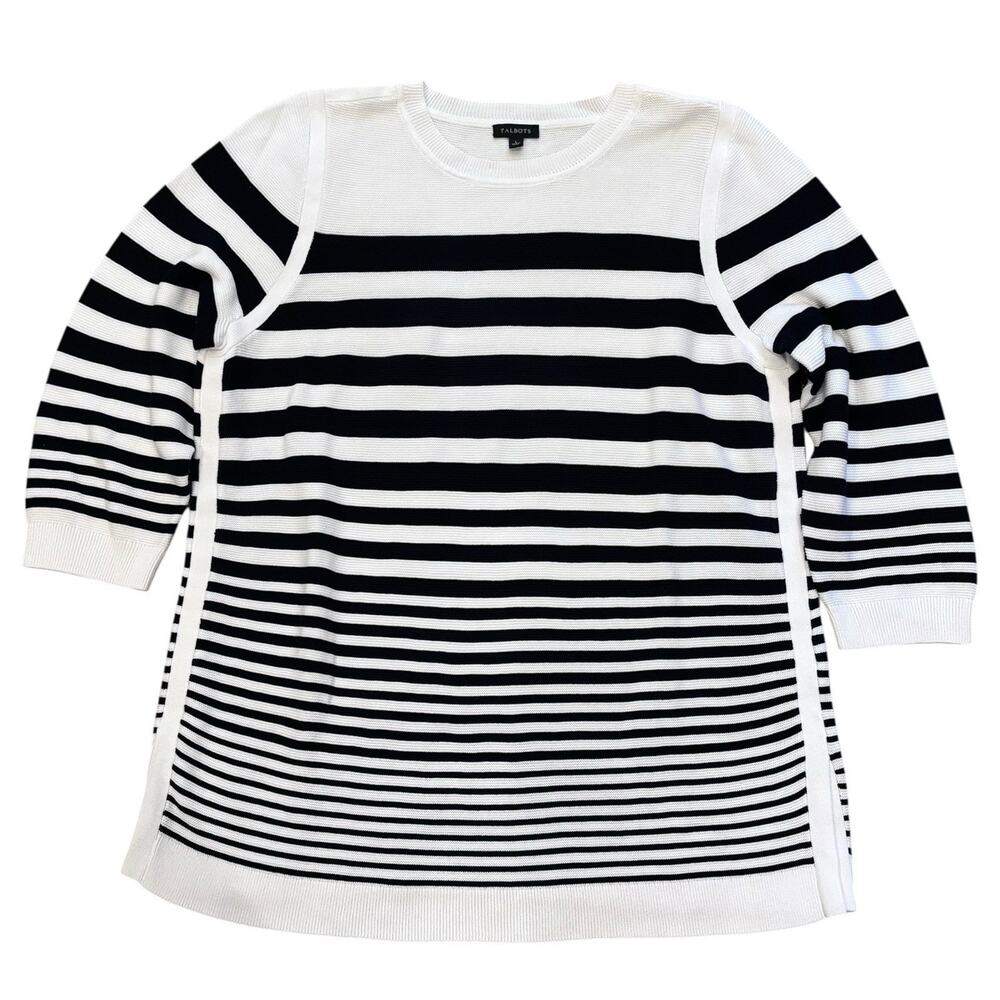 Talbots Black & White Graduated Stripes Tunic Sweater Split Hem 3/4 Sleeve Large
